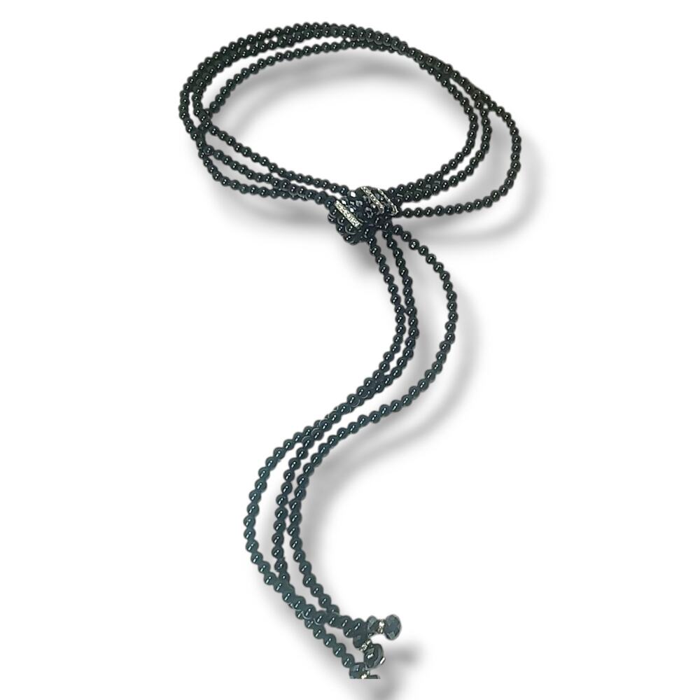 Black Bead Triple Strand Lariat Necklace White Rhinestone Accents 26" - Picture 3 of 6